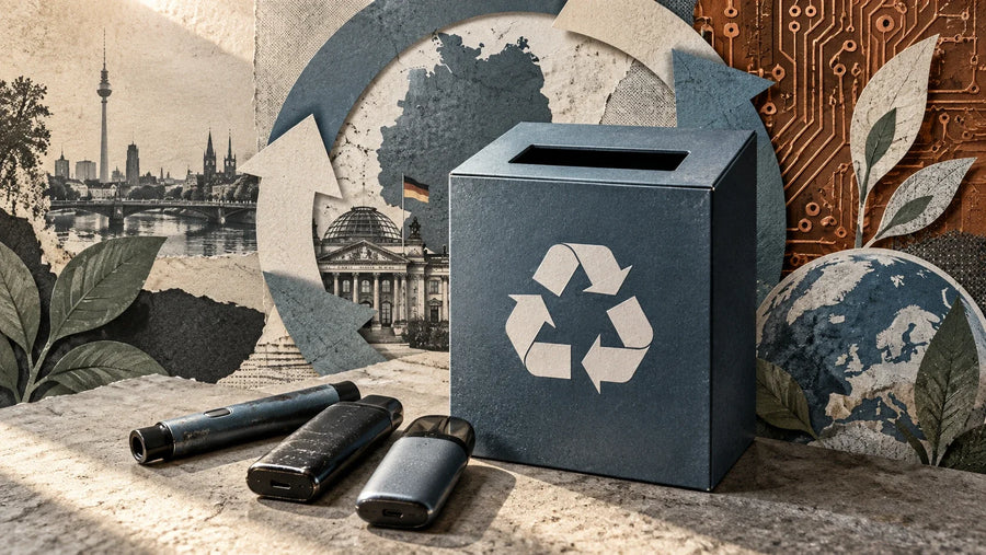 Symbolillustration zur Rücknahme alter E-Zigaretten: Sammelbox, gebrauchte Geräte und Recyclingkreislauf.