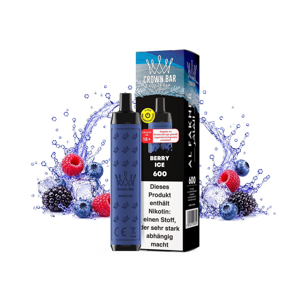 AL FAKHER Crown Bar 600 Berry Ice, 20 mg/ml, mit Verpackung, Beeren und Eiswürfeln