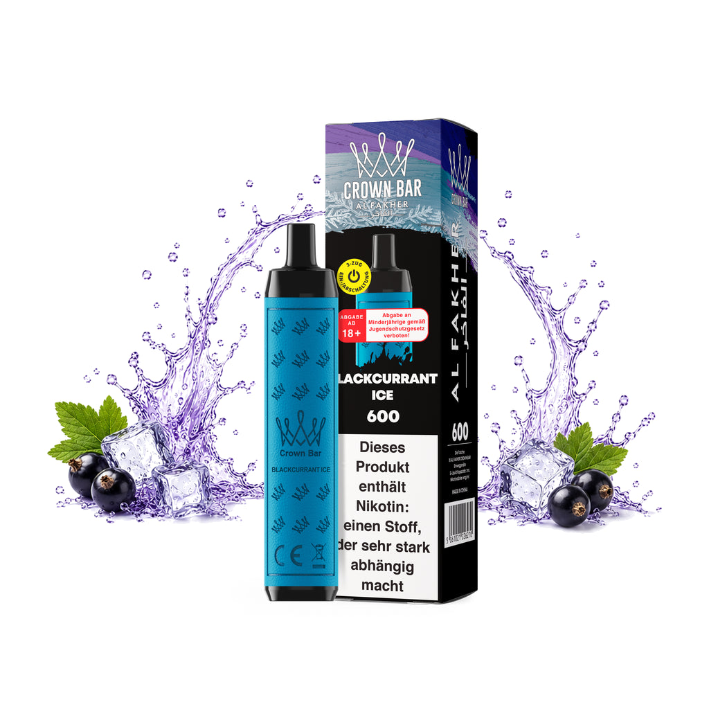 AL FAKHER Crown Bar 600 Blackcurrant Ice, 20 mg/ml, mit Verpackung, Johannisbeeren und Eiswürfeln