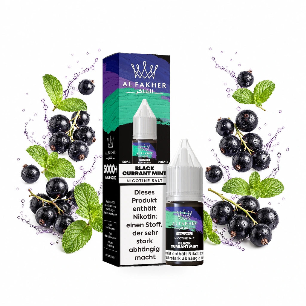 AL FAKHER Black Currant Mint 20 mg/ml – Verpackung und 10-ml-Flasche