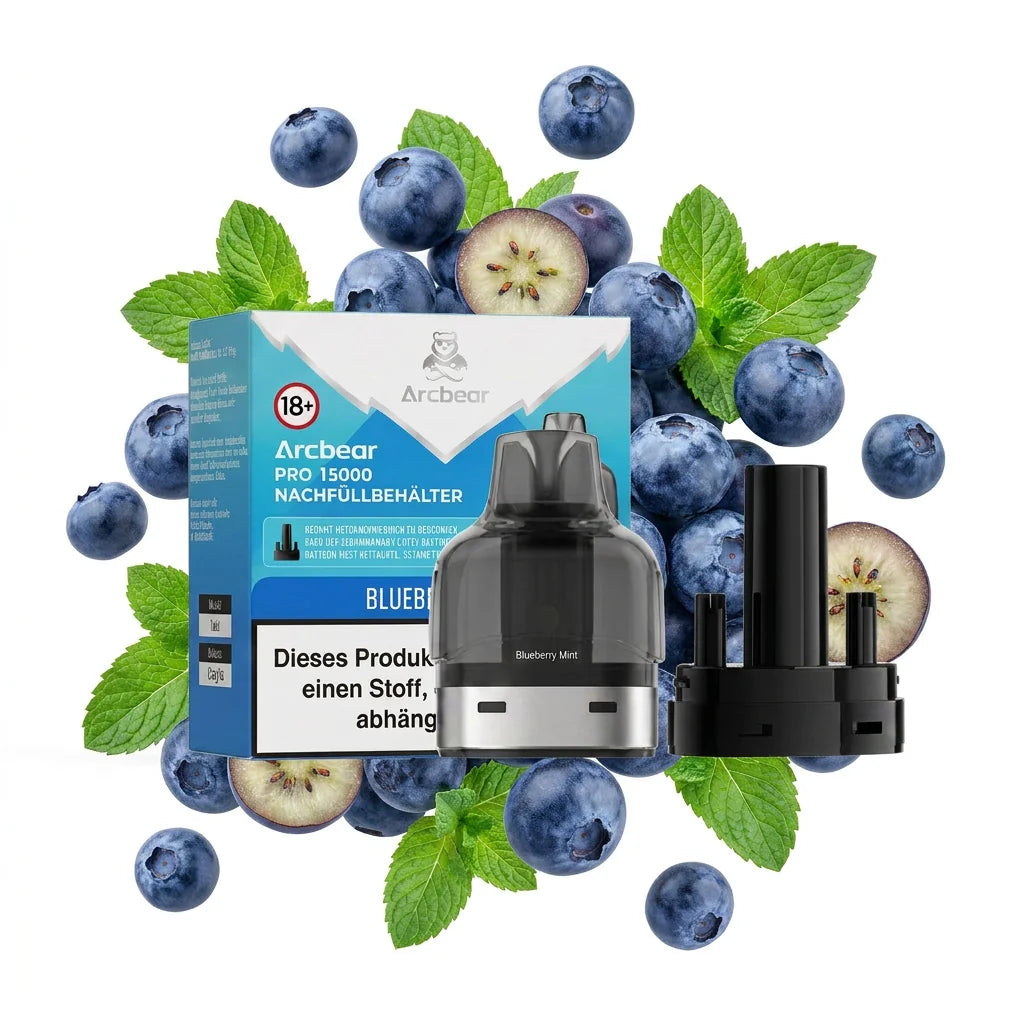 Arcbear 15K Pro Pod Blueberry Mint mit Verpackung und Nachfüllbehälter