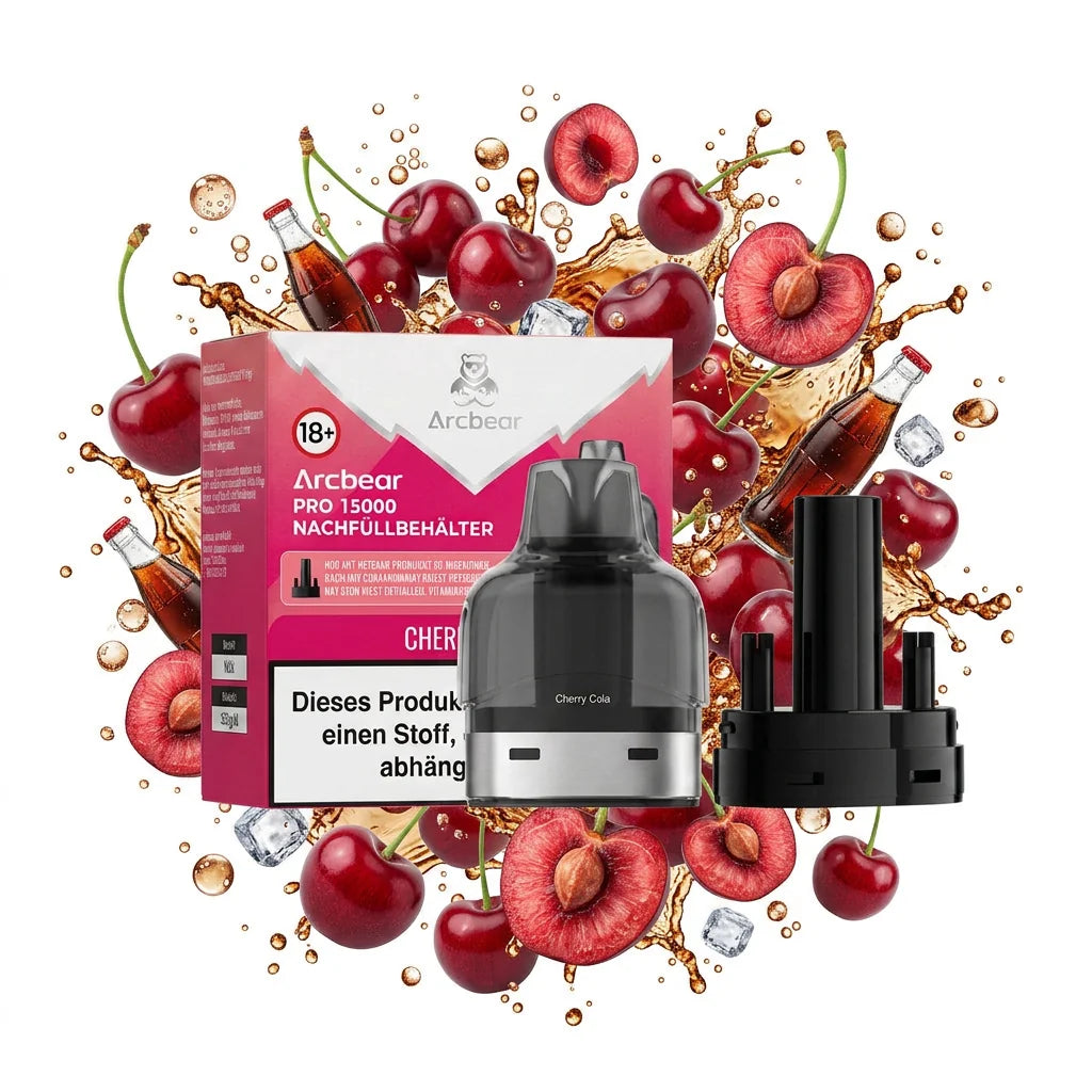 Arcbear 15K Pro Pod Cherry Cola mit Verpackung und Nachfüllbehälter