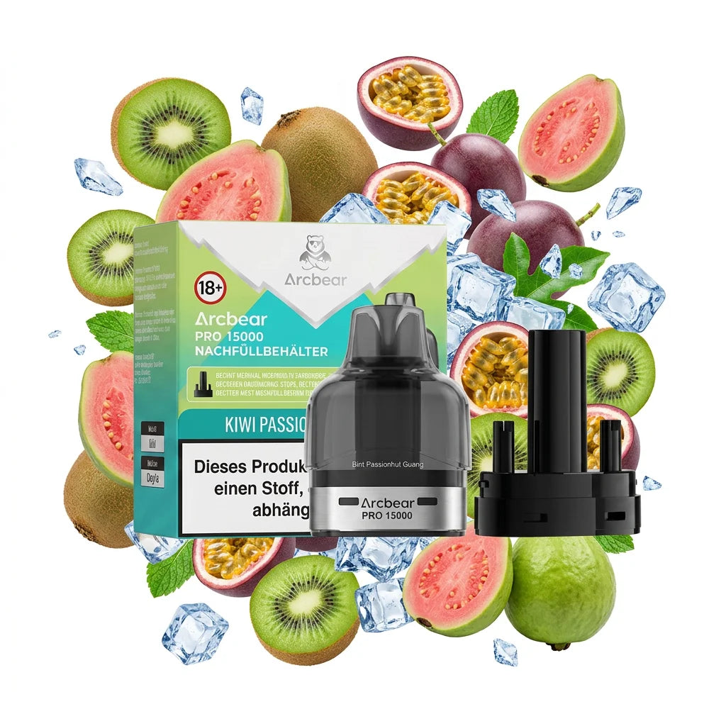 Arcbear 15K Pro Pod Kiwi Passionfruit Guava mit Verpackung und Nachfüllbehälter