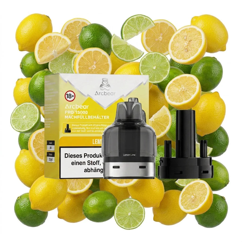 Arcbear 15K Pro Pod Lemon Lime mit Verpackung und Nachfüllbehälter