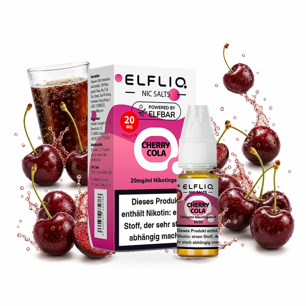 ELFBAR ELFLIQ Cherry Cola 20 mg/ml – Verpackung und 10-ml-Flasche