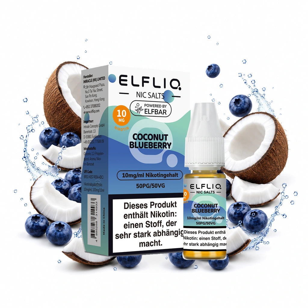 ELFBAR ELFLIQ Coconut Blueberry 10 mg/ml – Verpackung und 10-ml-Flasche