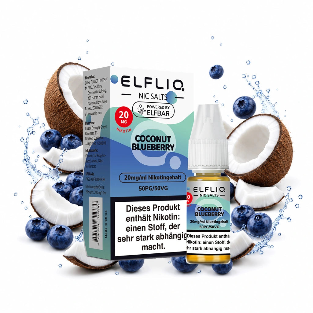 ELFBAR ELFLIQ Coconut Blueberry 20 mg/ml – Verpackung und 10-ml-Flasche