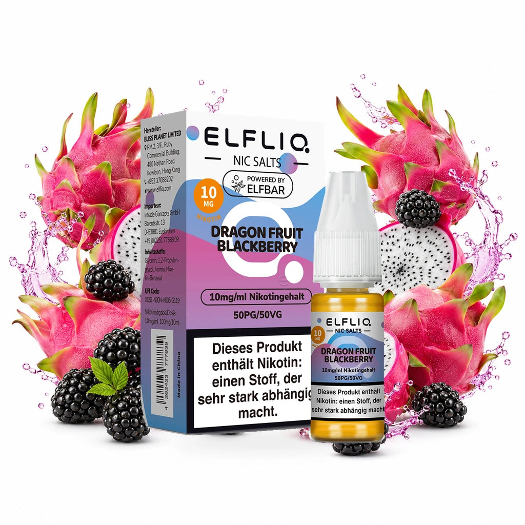 ELFBAR ELFLIQ Dragon Fruit Blackberry 10 mg/ml – Verpackung und 10-ml-Flasche