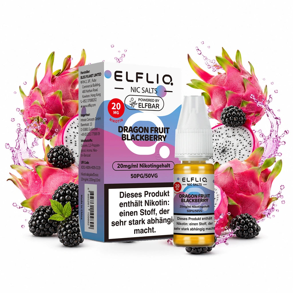 ELFBAR ELFLIQ Dragon Fruit Blackberry 20 mg/ml – Verpackung und 10-ml-Flasche