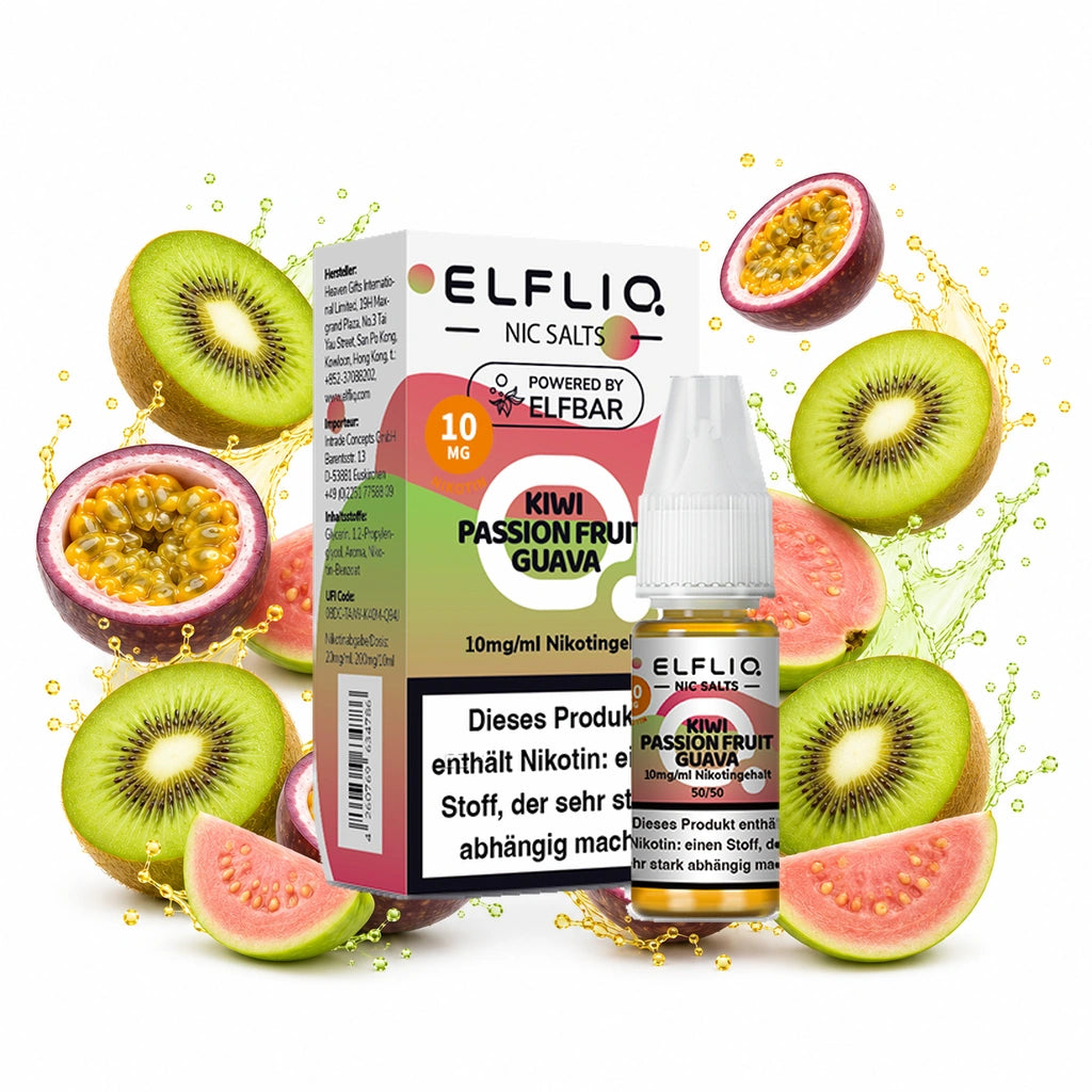 ELFBAR ELFLIQ Kiwi Passion Fruit Guava 10 mg/ml – Verpackung und 10-ml-Flasche