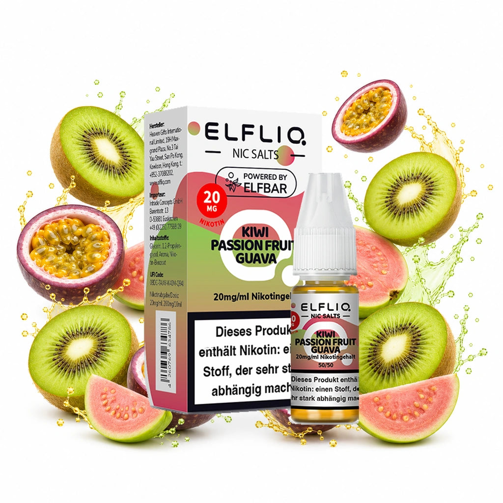 ELFBAR ELFLIQ Kiwi Passion Fruit Guava 20 mg/ml – Verpackung und 10-ml-Flasche
