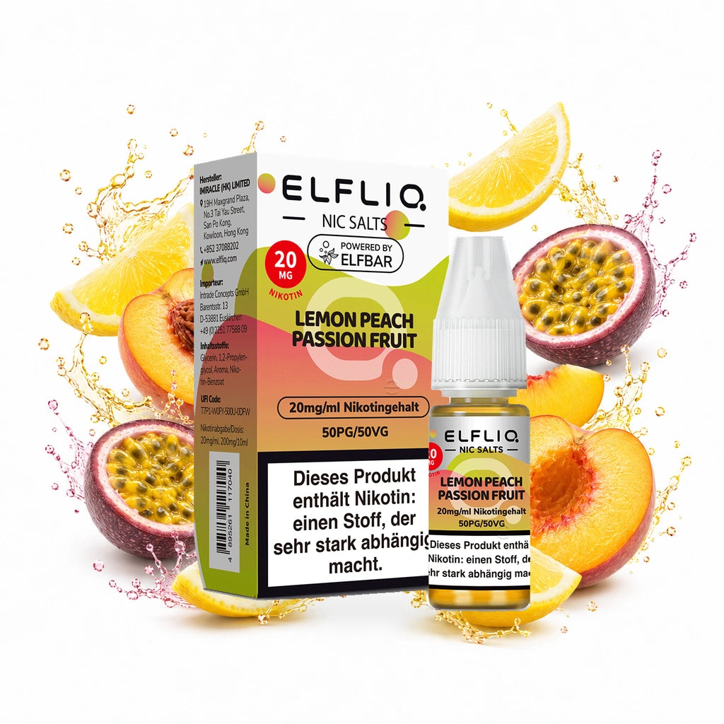 ELFBAR ELFLIQ Lemon Peach Passion Fruit 10 mg/ml – Verpackung und 10-ml-Flasche