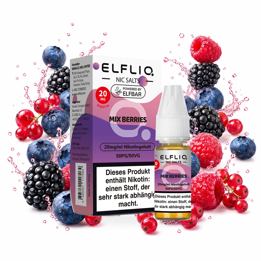 ELFBAR ELFLIQ Mixed Berries 20 mg/ml – Verpackung und 10-ml-Flasche