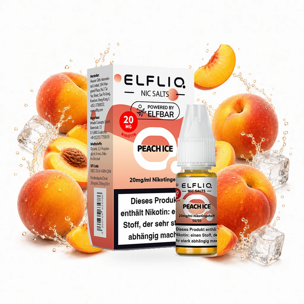 ELFBAR ELFLIQ Peach Ice 20 mg/ml – Verpackung und 10-ml-Flasche