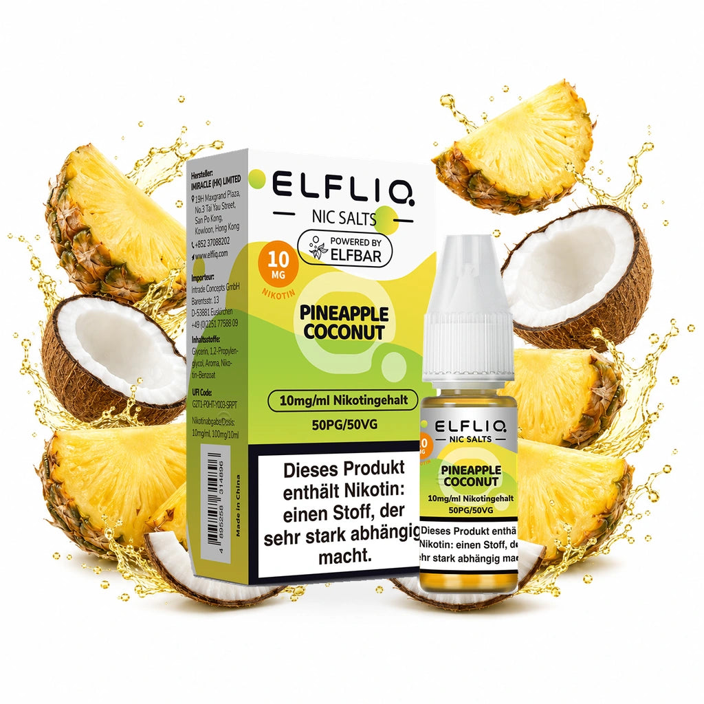 ELFBAR ELFLIQ Pineapple Coconut 10 mg/ml – Verpackung und 10-ml-Flasche
