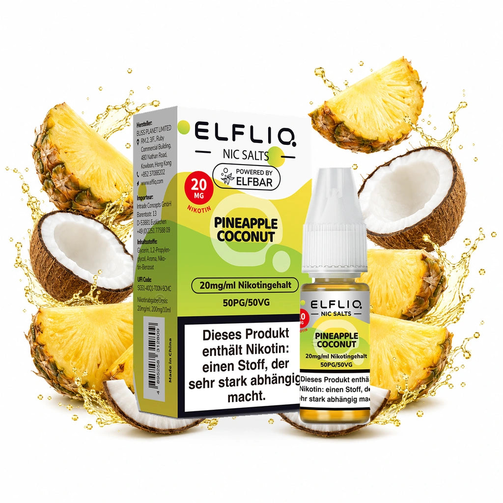 ELFBAR ELFLIQ Pineapple Coconut 20 mg/ml – Verpackung und 10-ml-Flasche