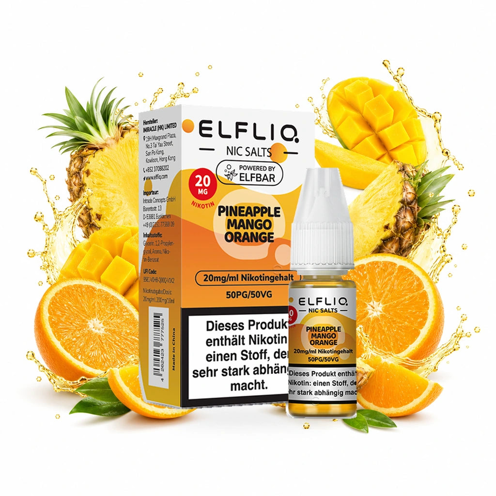ELFBAR ELFLIQ Pineapple Mango Orange 20 mg/ml – Verpackung und 10-ml-Flasche