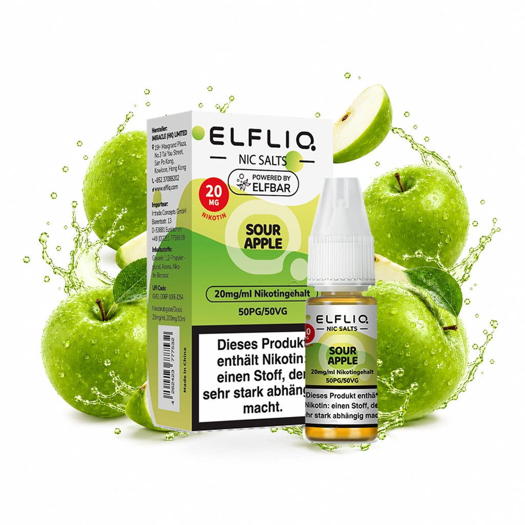 ELFBAR ELFLIQ Sour Apple 20 mg/ml – Verpackung und 10-ml-Flasche