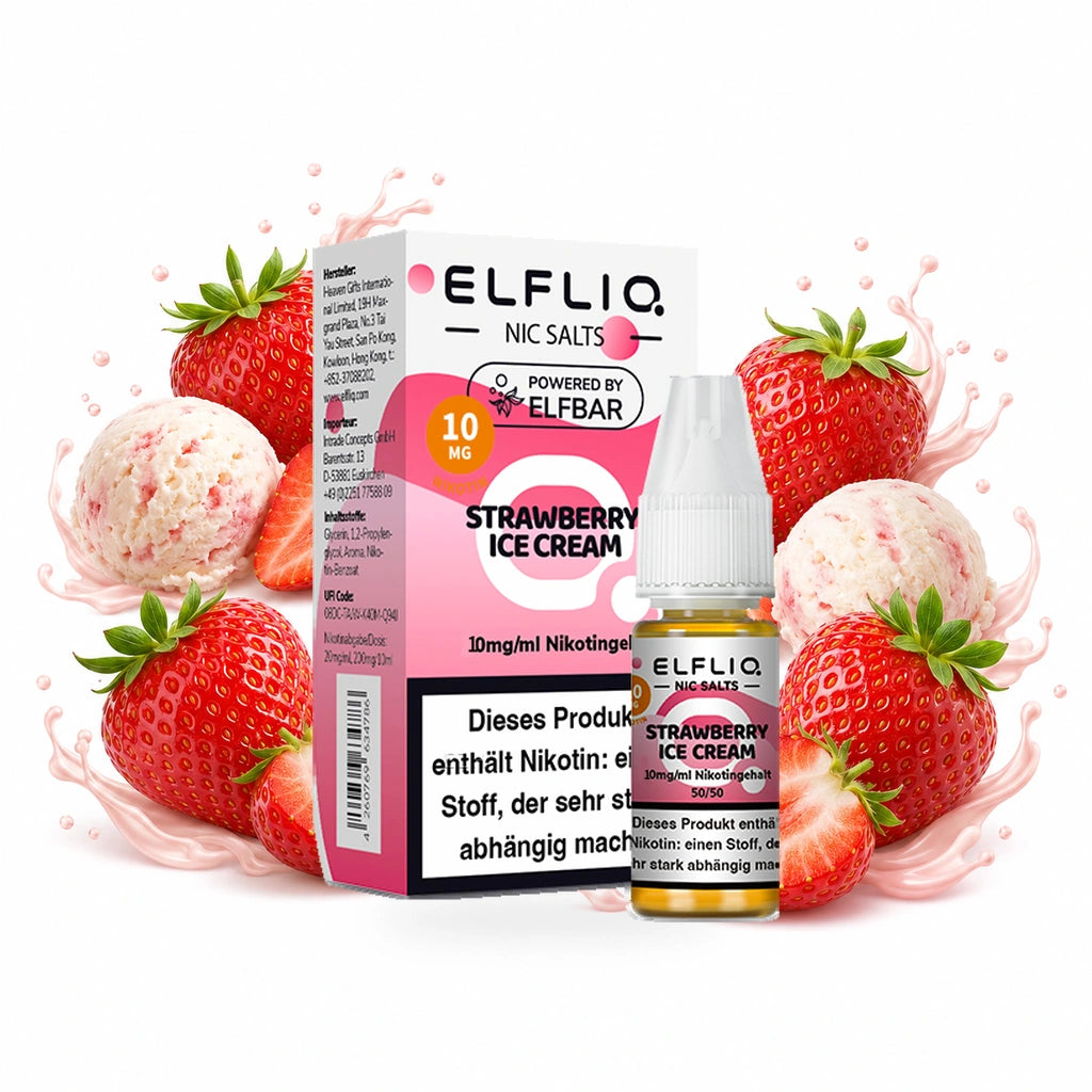 ELFBAR ELFLIQ Strawberry Ice Cream 10 mg/ml – Verpackung und 10-ml-Flasche