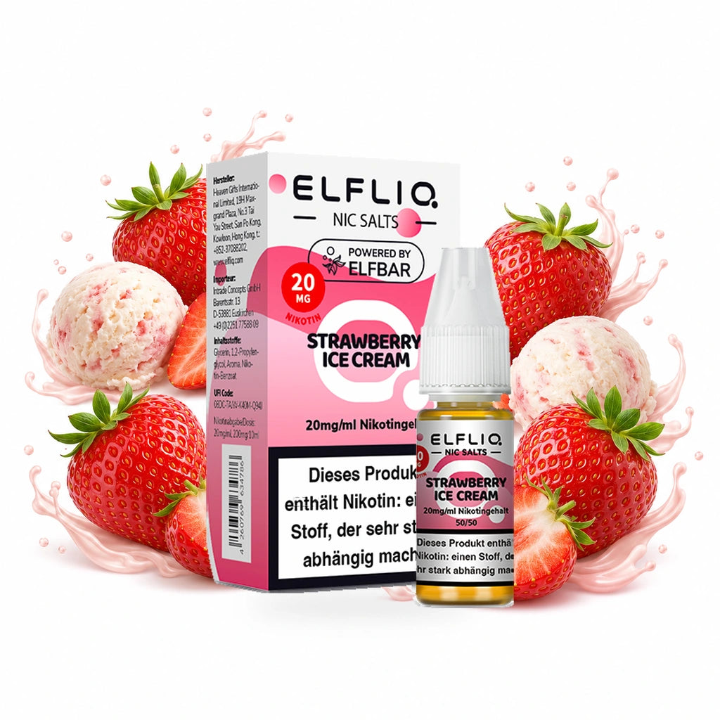 ELFBAR ELFLIQ Strawberry Ice Cream 20 mg/ml – Verpackung und 10-ml-Flasche
