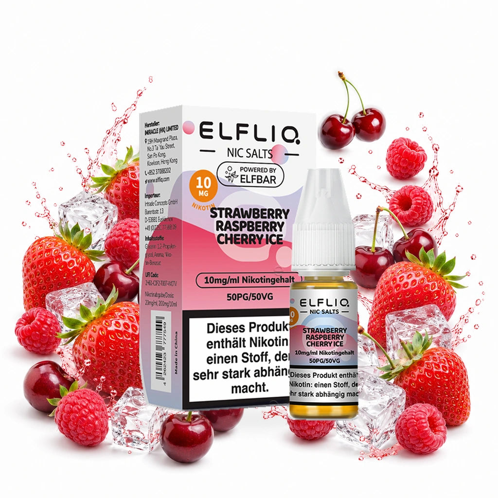 ELFBAR ELFLIQ Strawberry Raspberry Cherry Ice 10 mg/ml – Verpackung und 10-ml-Flasche