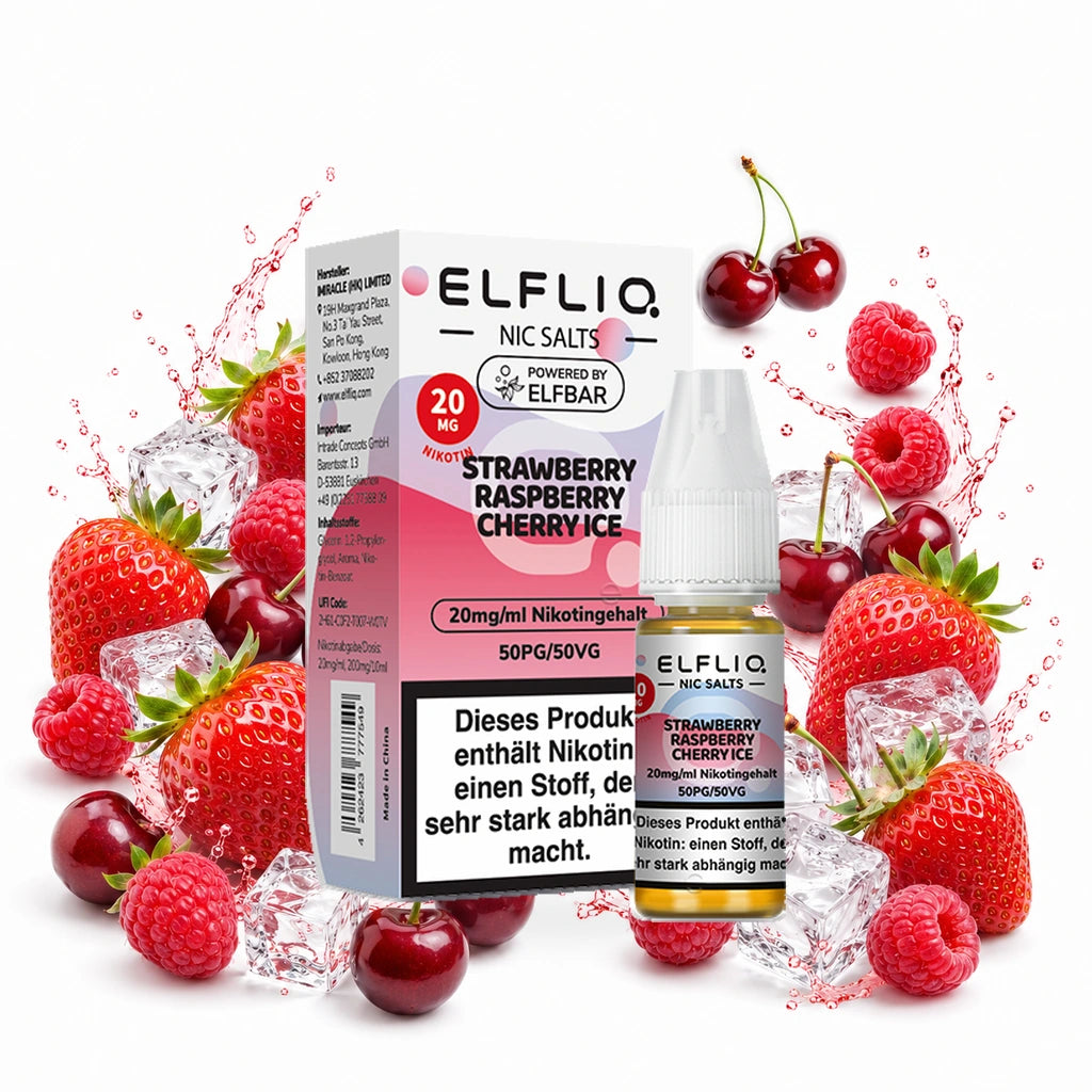 ELFBAR ELFLIQ Strawberry Raspberry Cherry Ice 20 mg/ml – Verpackung und 10-ml-Flasche